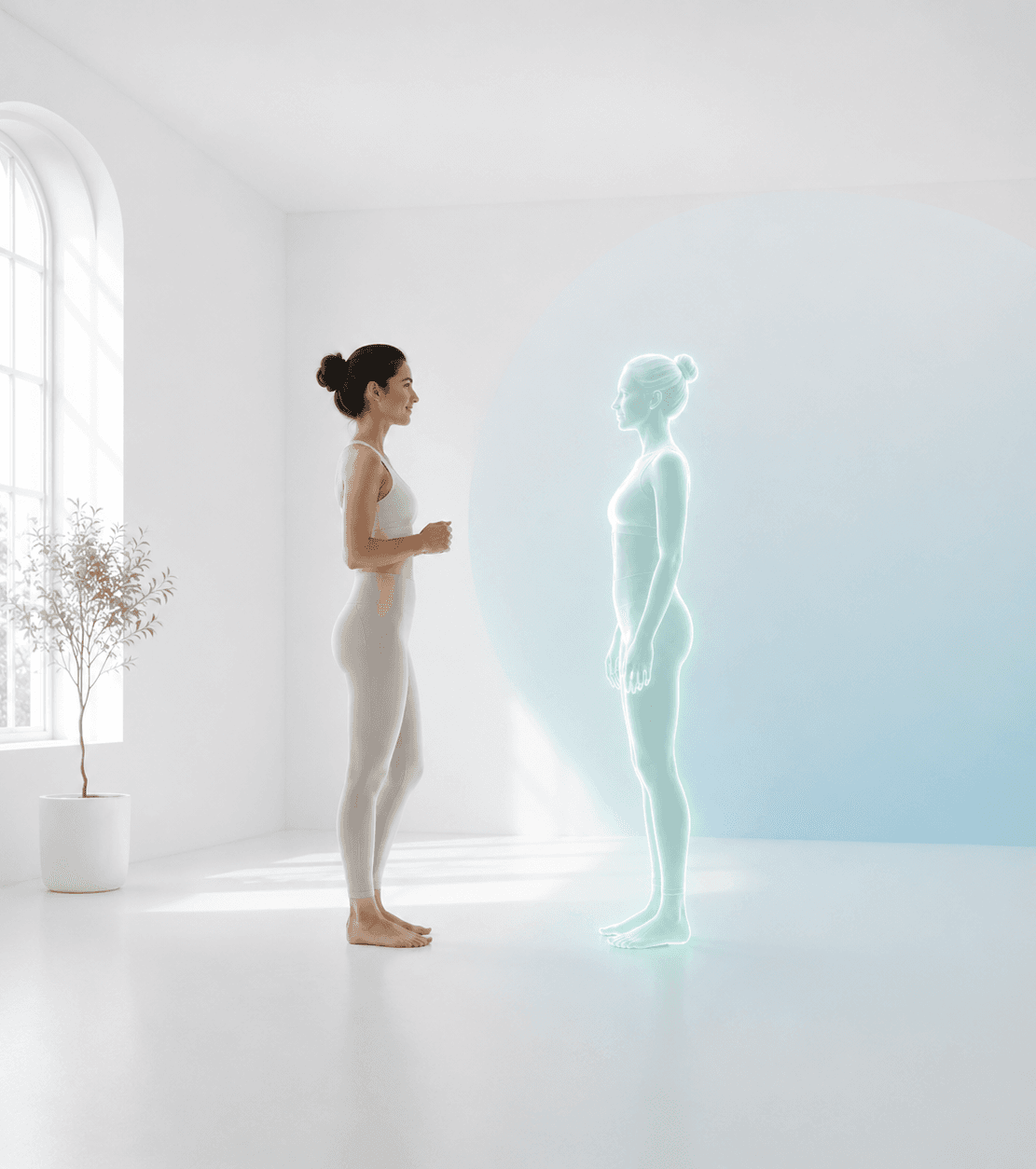Une femme se tient à côté de son jumeau numérique lumineux dans une pièce épurée et baignée de lumière.